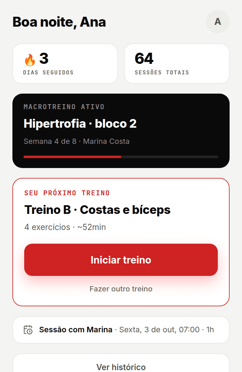 A home do aluno: dias seguidos, sessões totais, o programa ativo e o próximo treino
